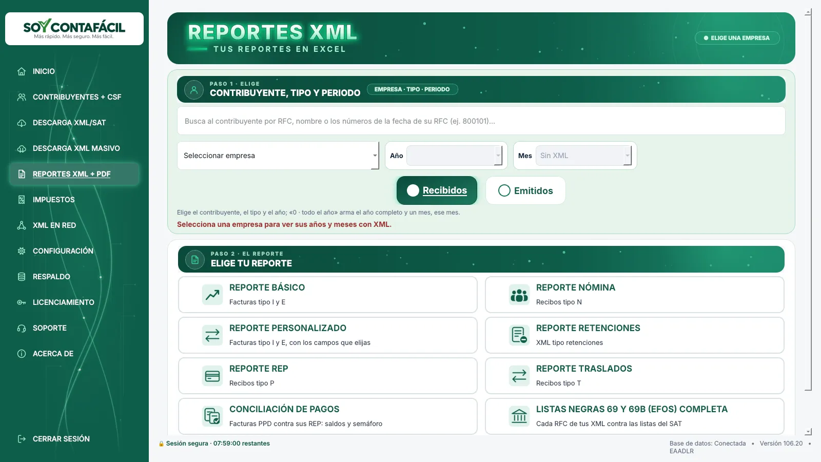 Pantalla de reportes de XML con sus tipos de reporte